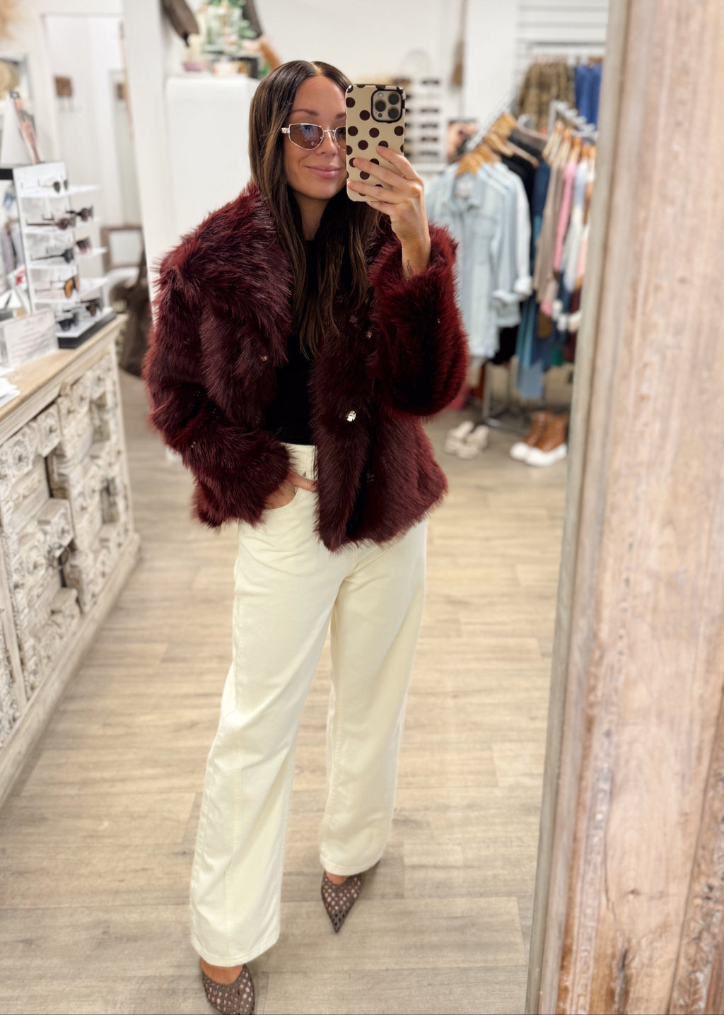burgundy fur outfits with faux fur coat Burgundy Fur Jacket