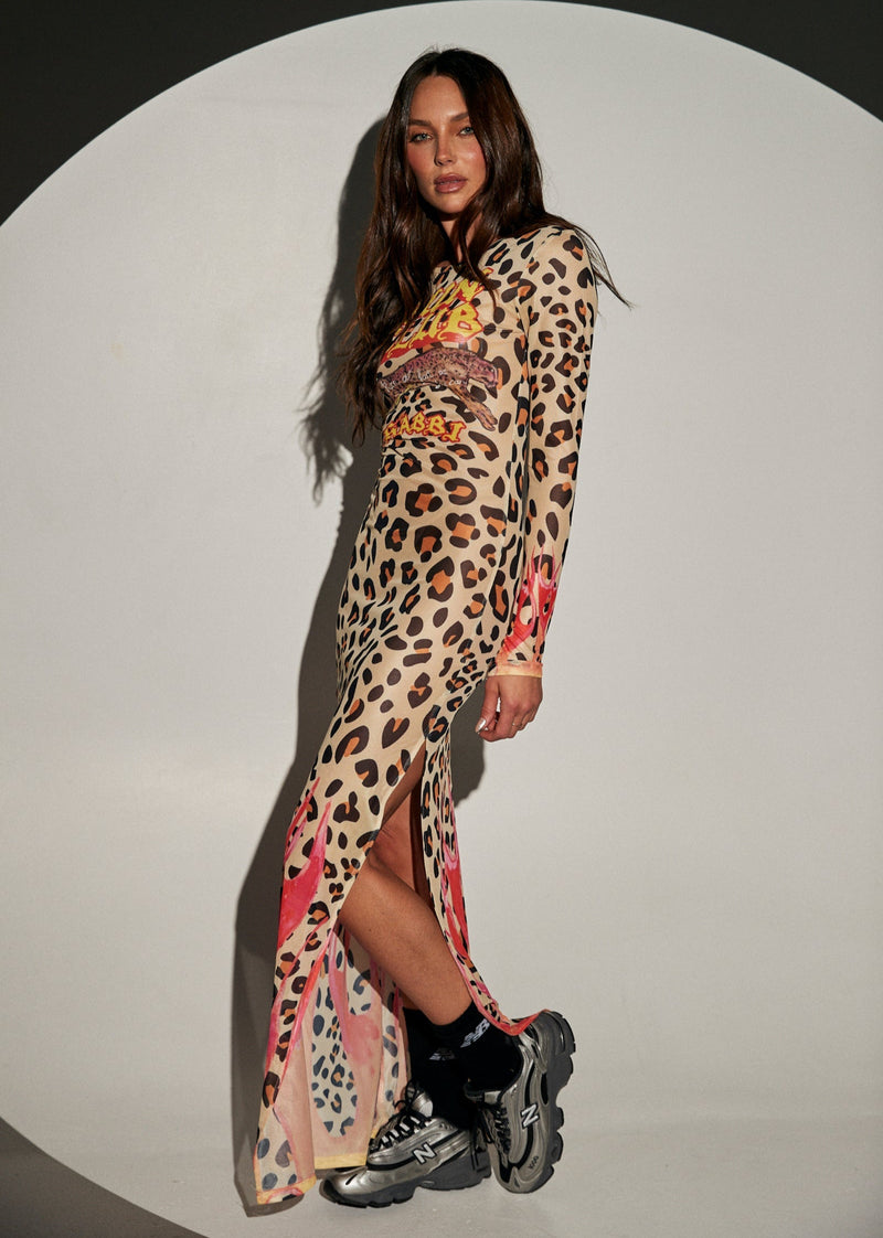 Pantera Mesh Long Sleeve Maxi Dress - Leopard / Flames
