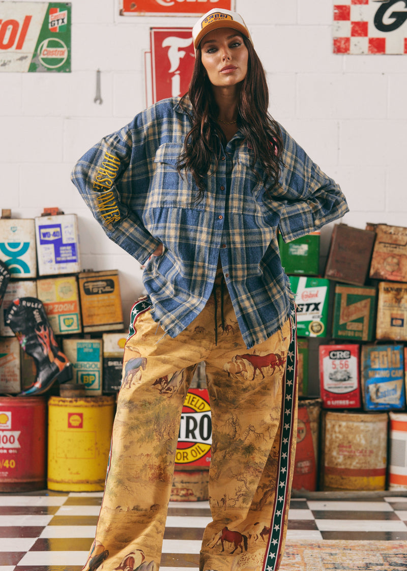 Person wearing a plaid shirt and patterned pants standing in front of vintage oil cans and signs.