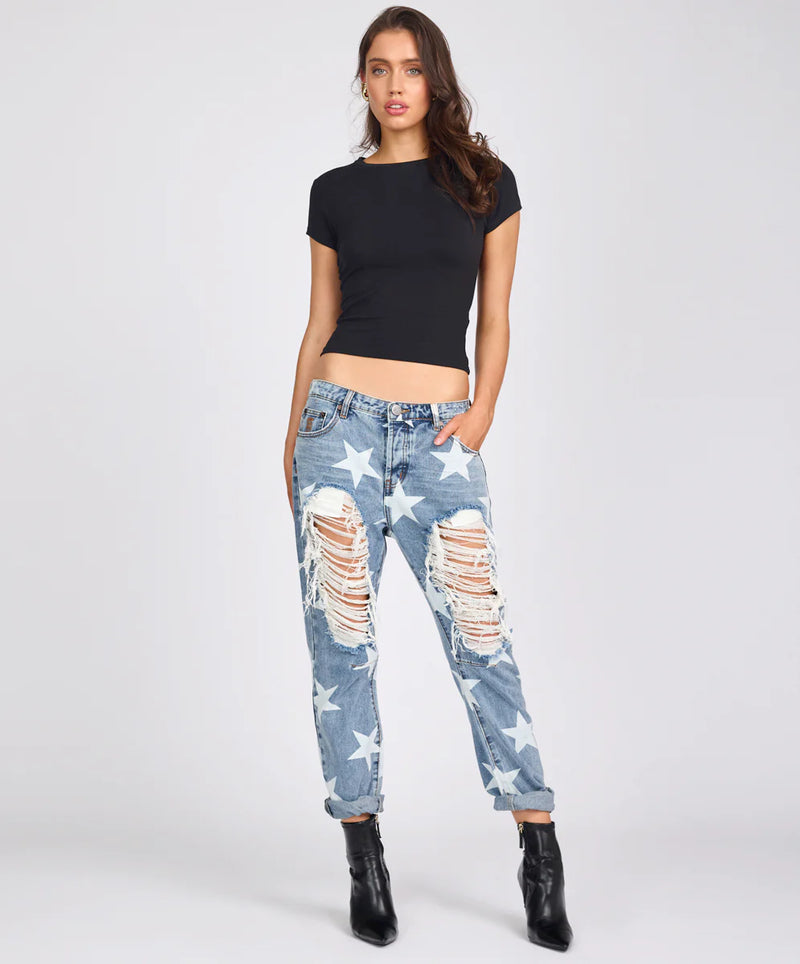 Saints Low Waist Boyfriend Denim Jeans - Starwash Blue