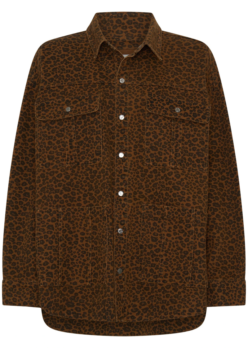 Brown button-up shirt with a subtle pattern on a white background
