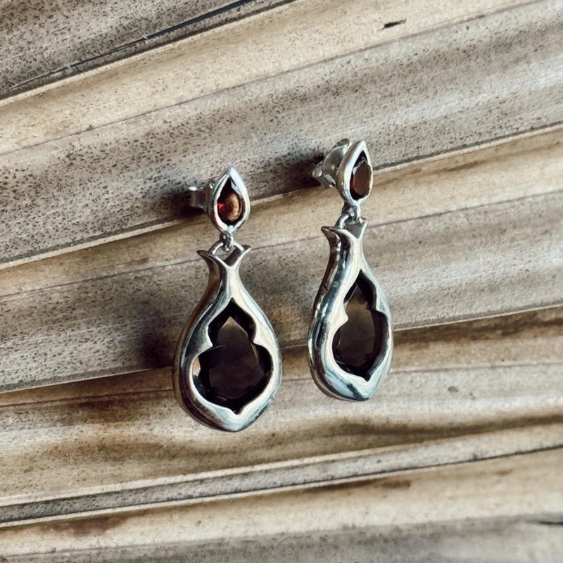 Aurelia Earrings - Smokey Quartz and Garnet