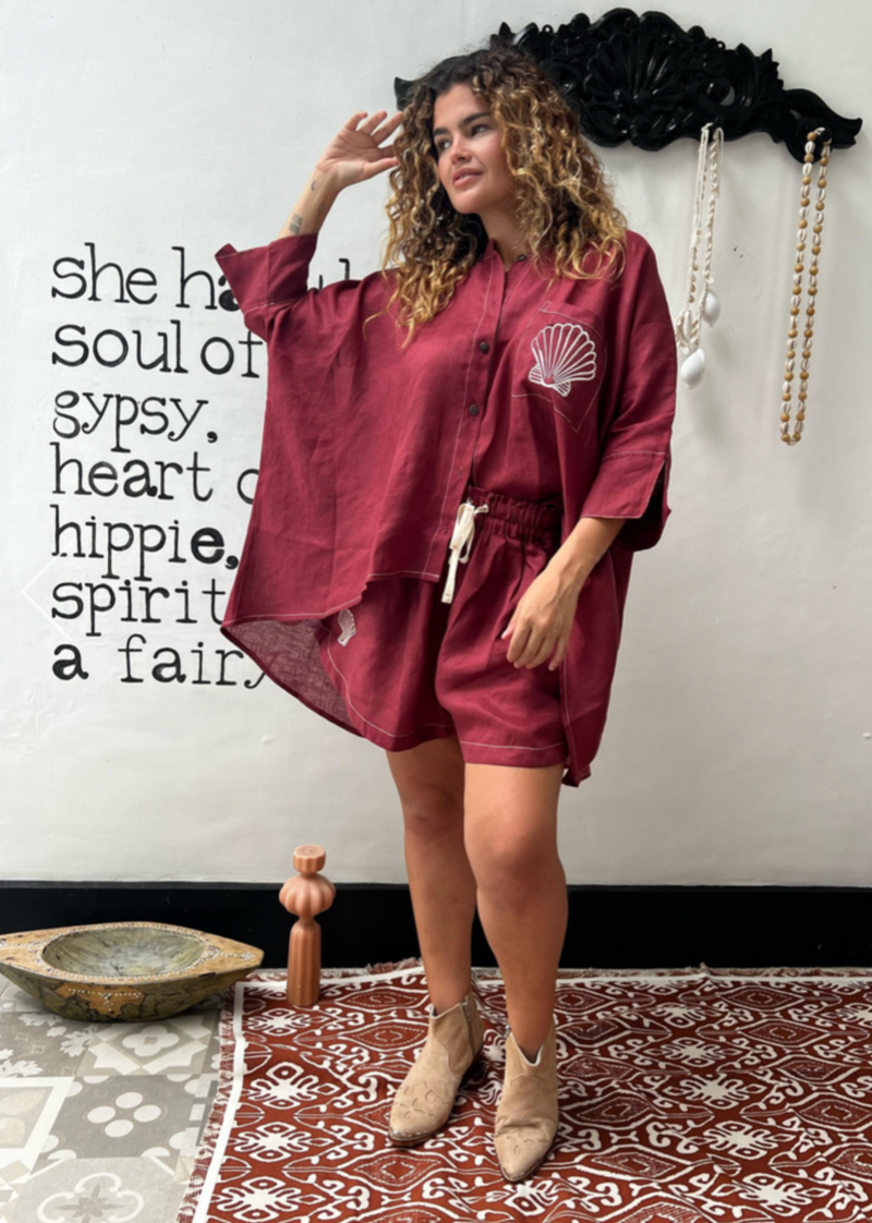 Sara Linen Set - Maroon
