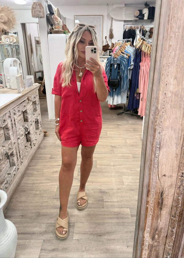 Juju Linen Playsuit - Hibiscus