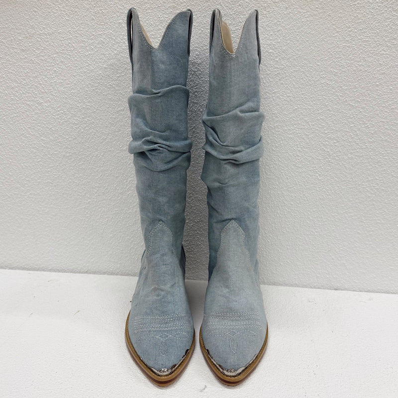 Denim Slouch Leather Boots
