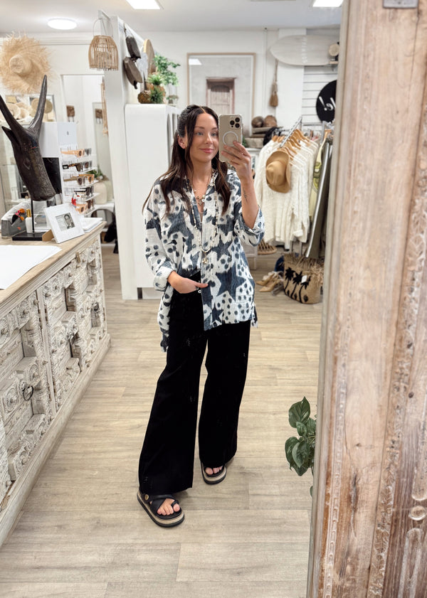 Polka Star Muslin Longline Shirt - Black & White