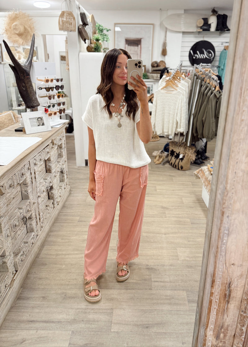 Joshua Frayed Linen Pant - Stonewash Pink
