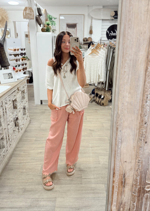 Joshua Frayed Linen Pant - Stonewash Pink