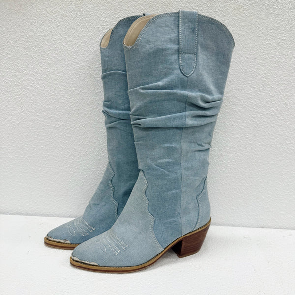 Denim Slouch Leather Boots