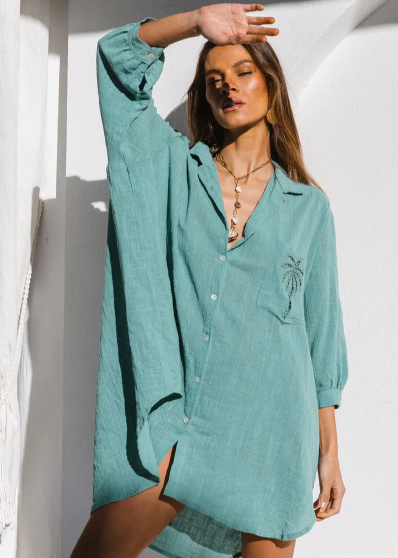 Palm Shirt Dress - Sea Green